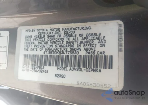 2003 Toyota Camry Le from USA, damaged, VIN 4T1BE30K83U776530